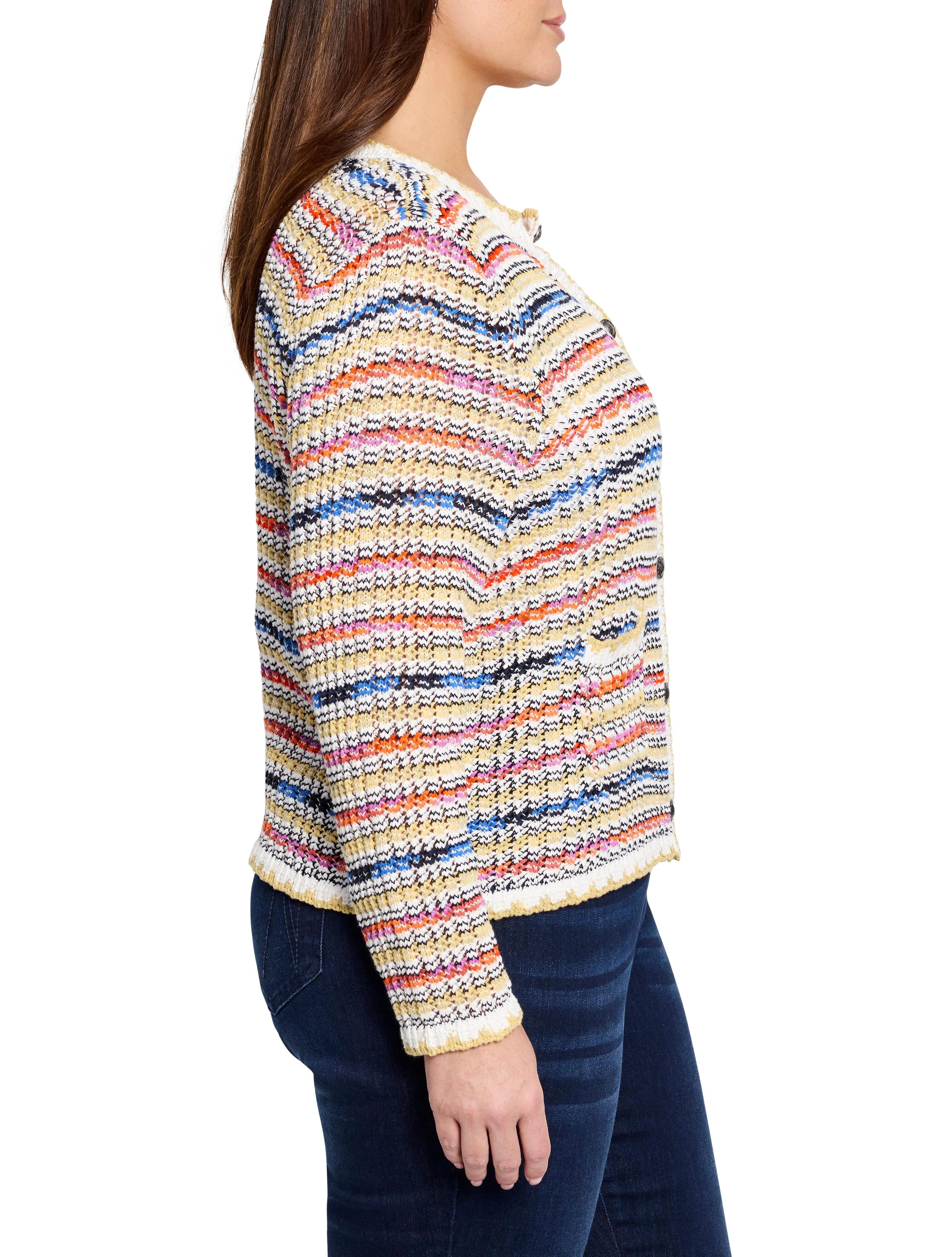 Multicolored striped knit cardigan; beige, pink, orange, blue, white. Button front, long sleeves.