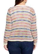 Here's alt text that describes the image concisely and accessibly:

"Multicolored striped knit jacket.  Off-white base...