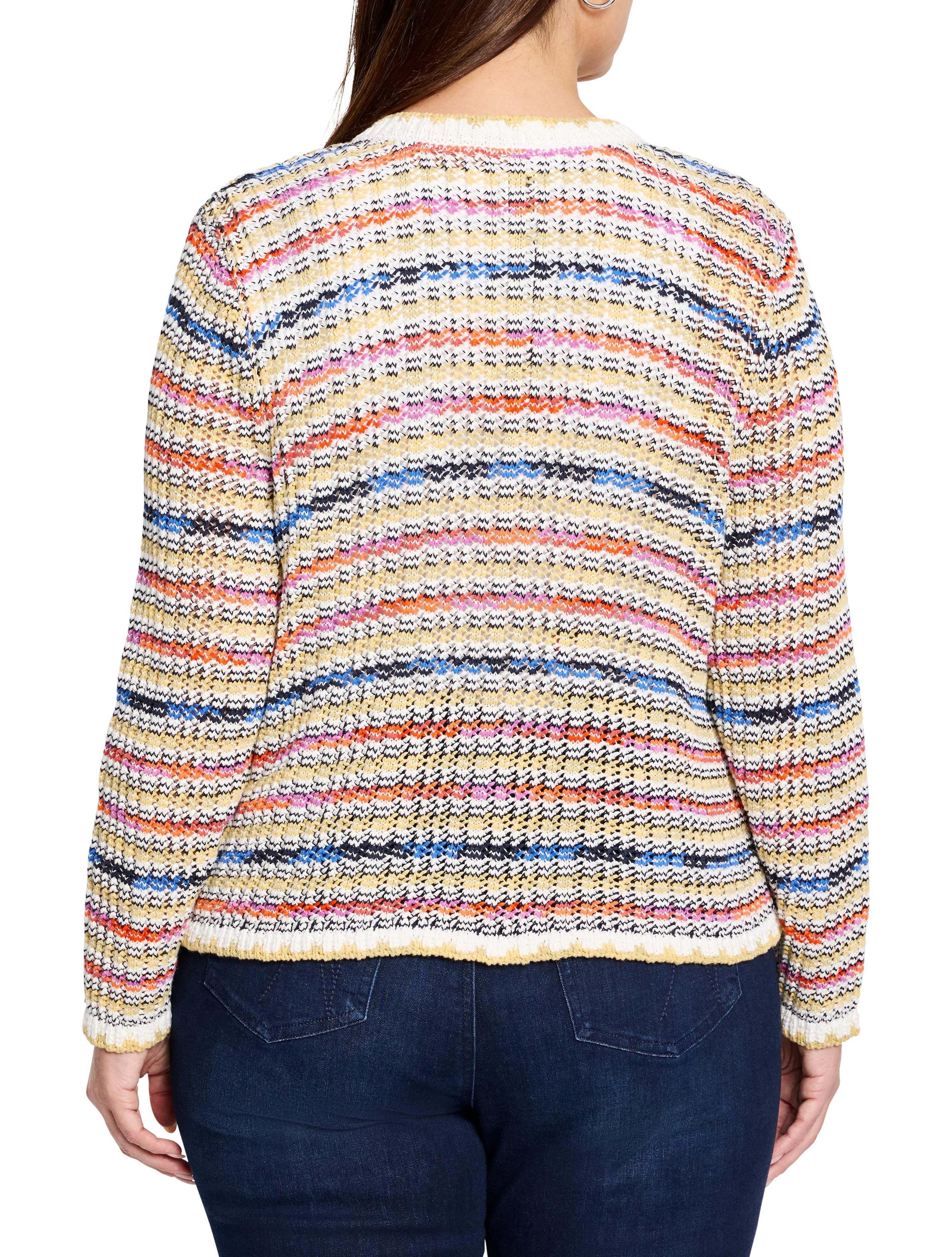 Here's alt text that describes the image concisely and accessibly:

"Multicolored striped knit jacket.  Off-white base...