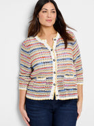 Striped knit cardigan;  yellow, white, pink, orange, blue stripes.  Button front, pockets.