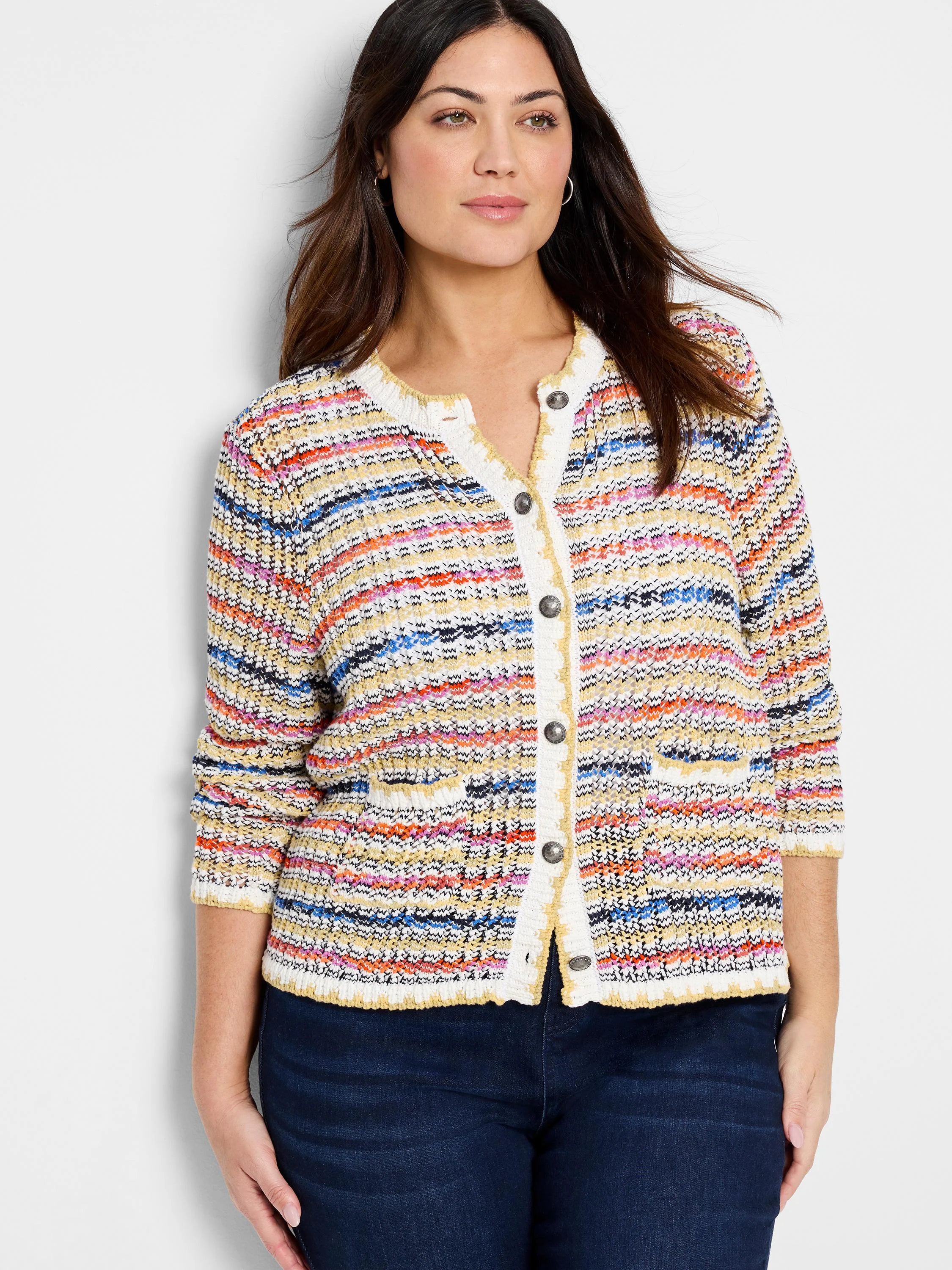 Striped knit cardigan;  yellow, white, pink, orange, blue stripes.  Button front, pockets.