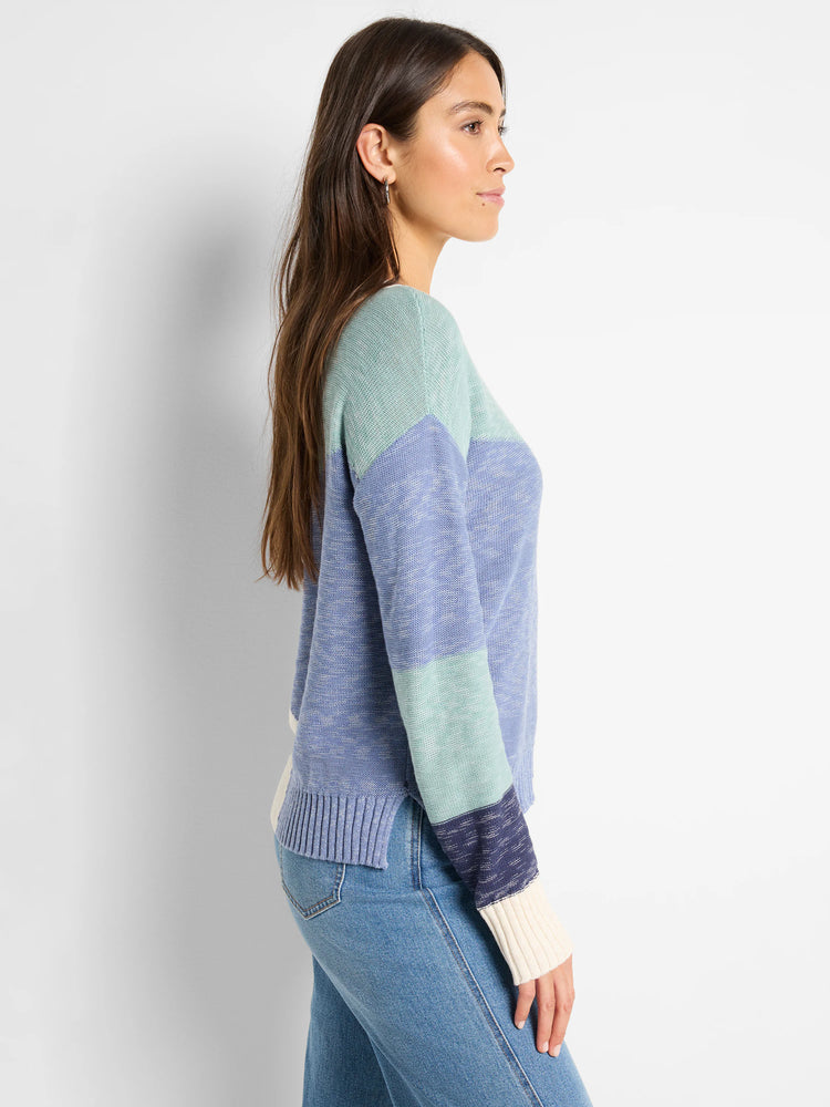 Horizontal stripes: light blue, mint green, navy, off-white cuffs. Knit sweater.