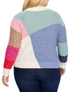 Color-blocked knit sweater.  Features off-white, light teal, periwinkle, pink, and brown sections. Long sleeves.