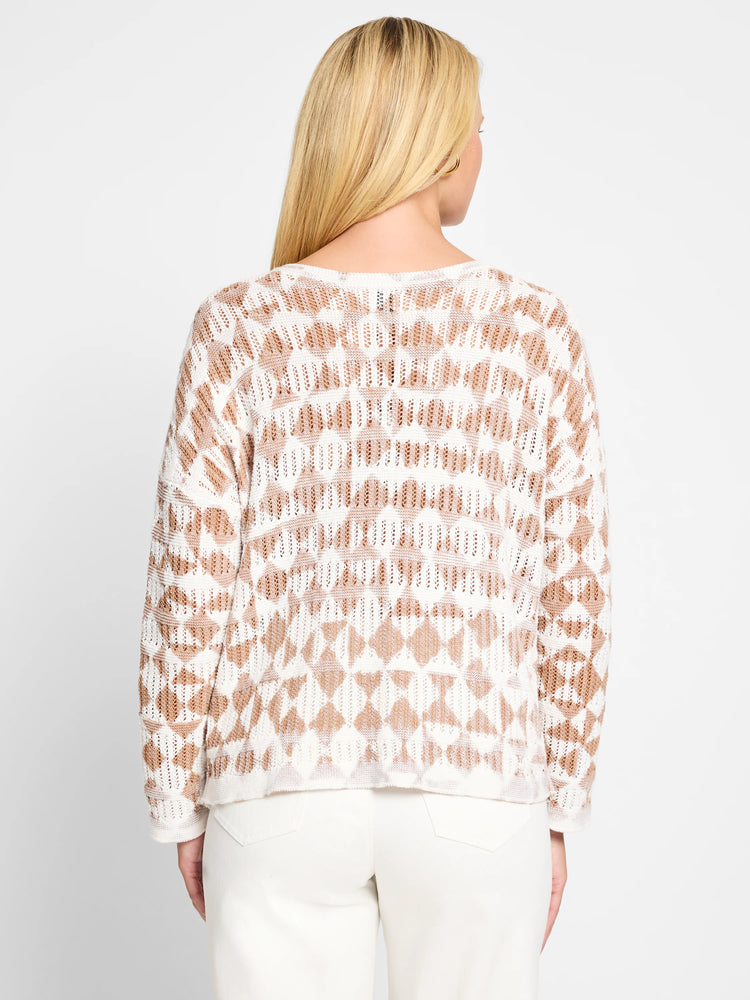 Off-white sweater with a taupe diamond pattern.  Open knit texture.