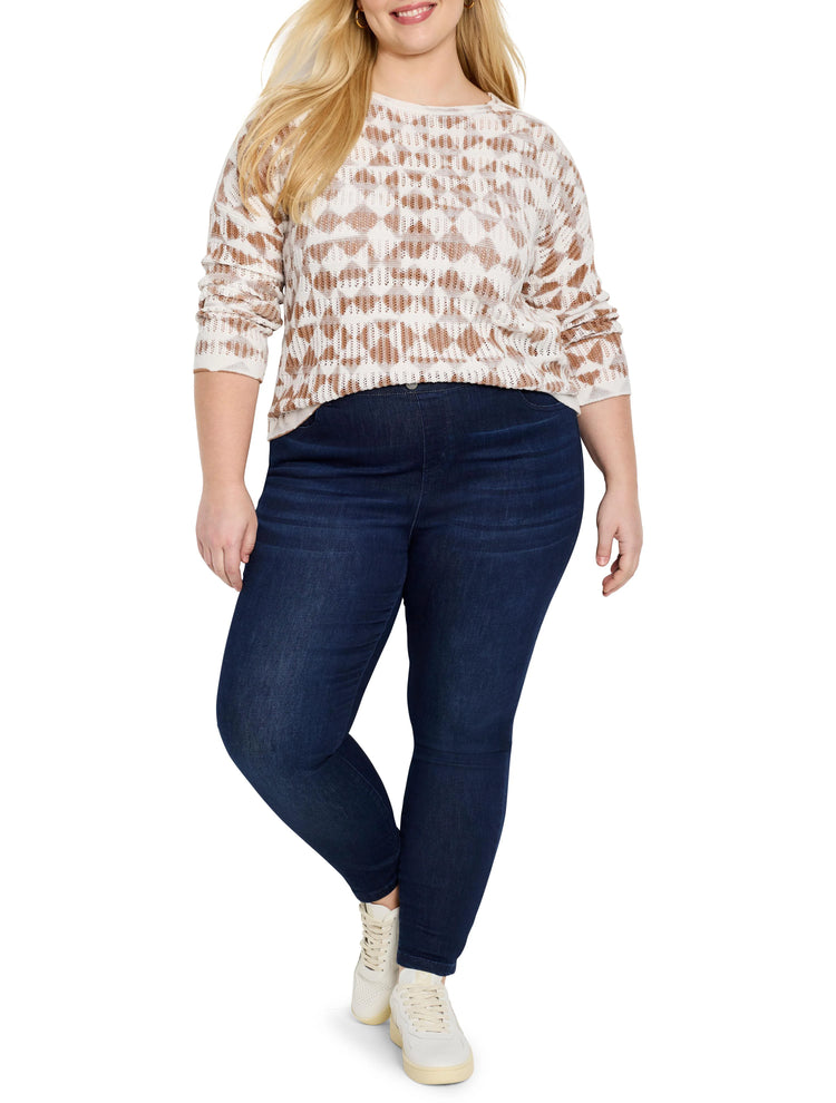 Off-white sweater with brown textured diamond pattern.  Long sleeves.