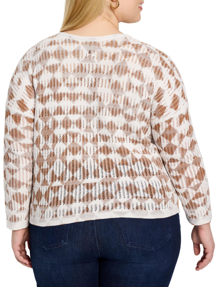Cream-colored sweater with brown textured diamond pattern.  Long sleeves, open knit.