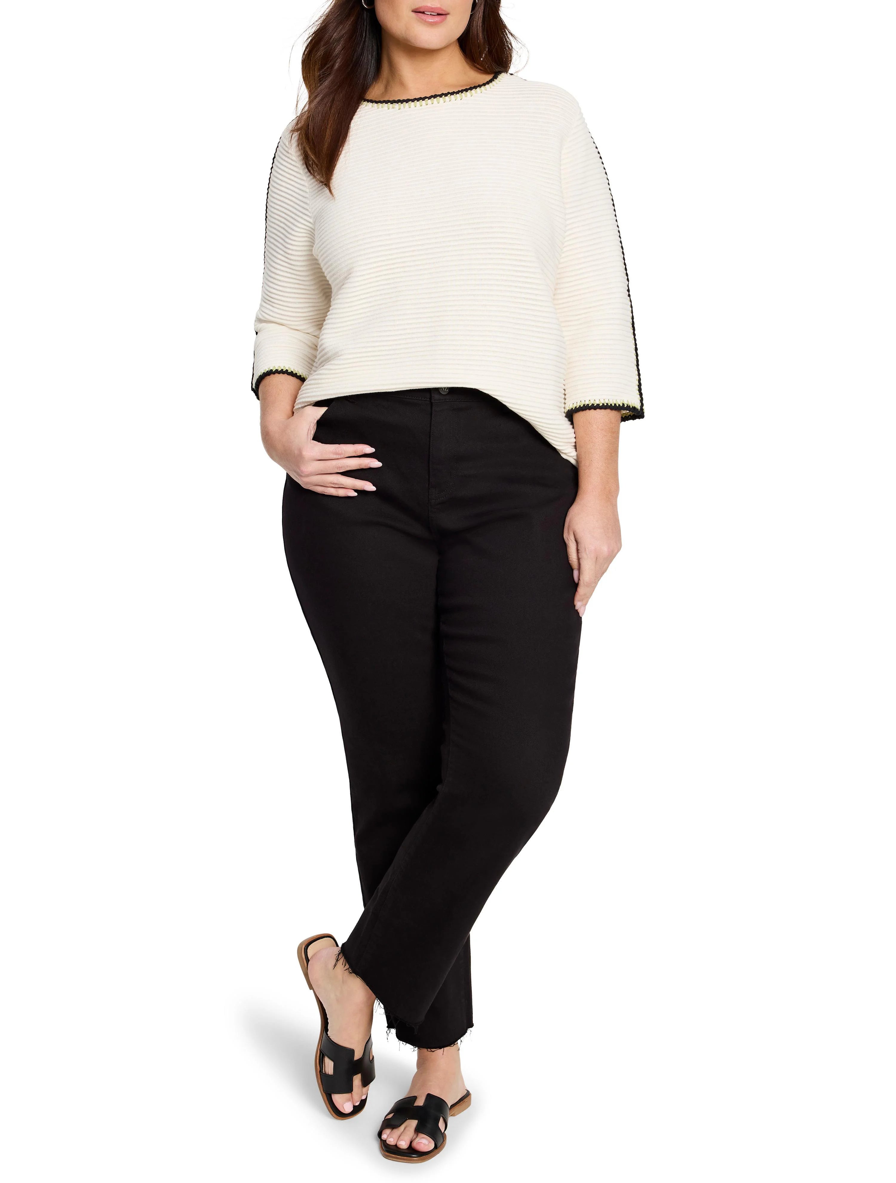 Off-white ribbed sweater with black and light green trim at neckline and sleeves.  Three-quarter sleeves.