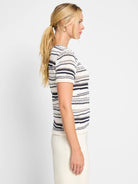 Off-white knit sweater tee with thin navy and beige horizontal stripes. Short sleeves.  Knitted texture.