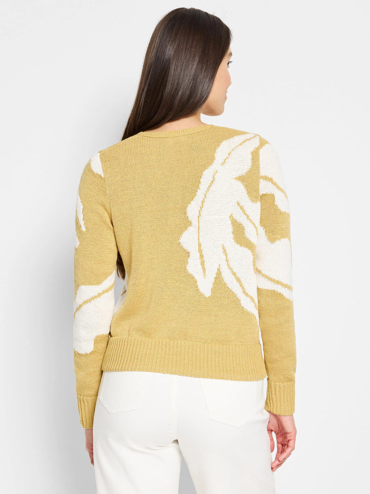 Mustard yellow knit sweater with off-white abstract leaf pattern on the back. Long sleeves, ribbed cuffs and hem.