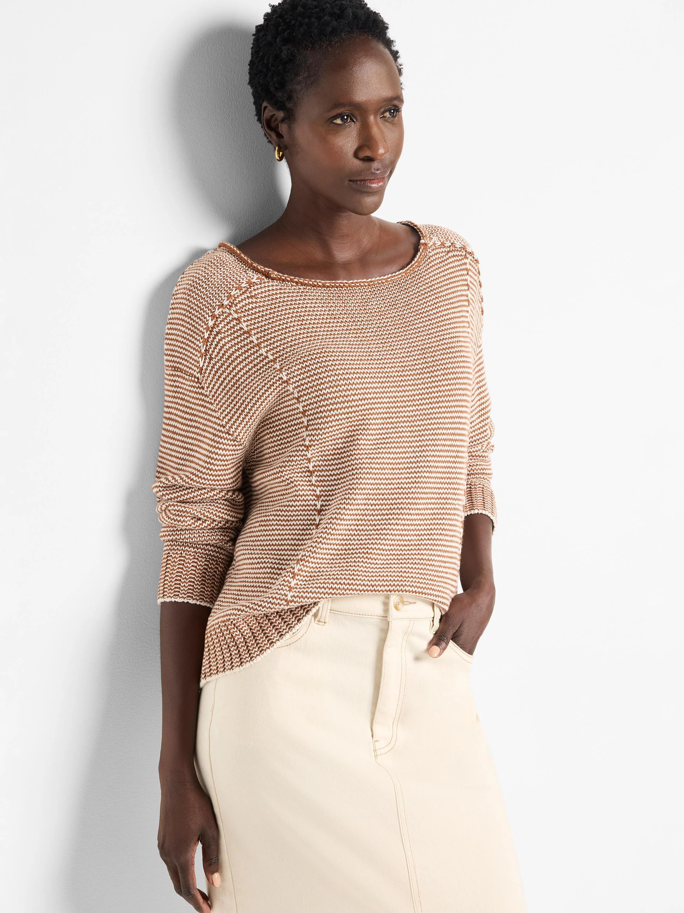 Brown and cream striped cotton sweater.  Seamed detail at shoulders.  Loose fit.