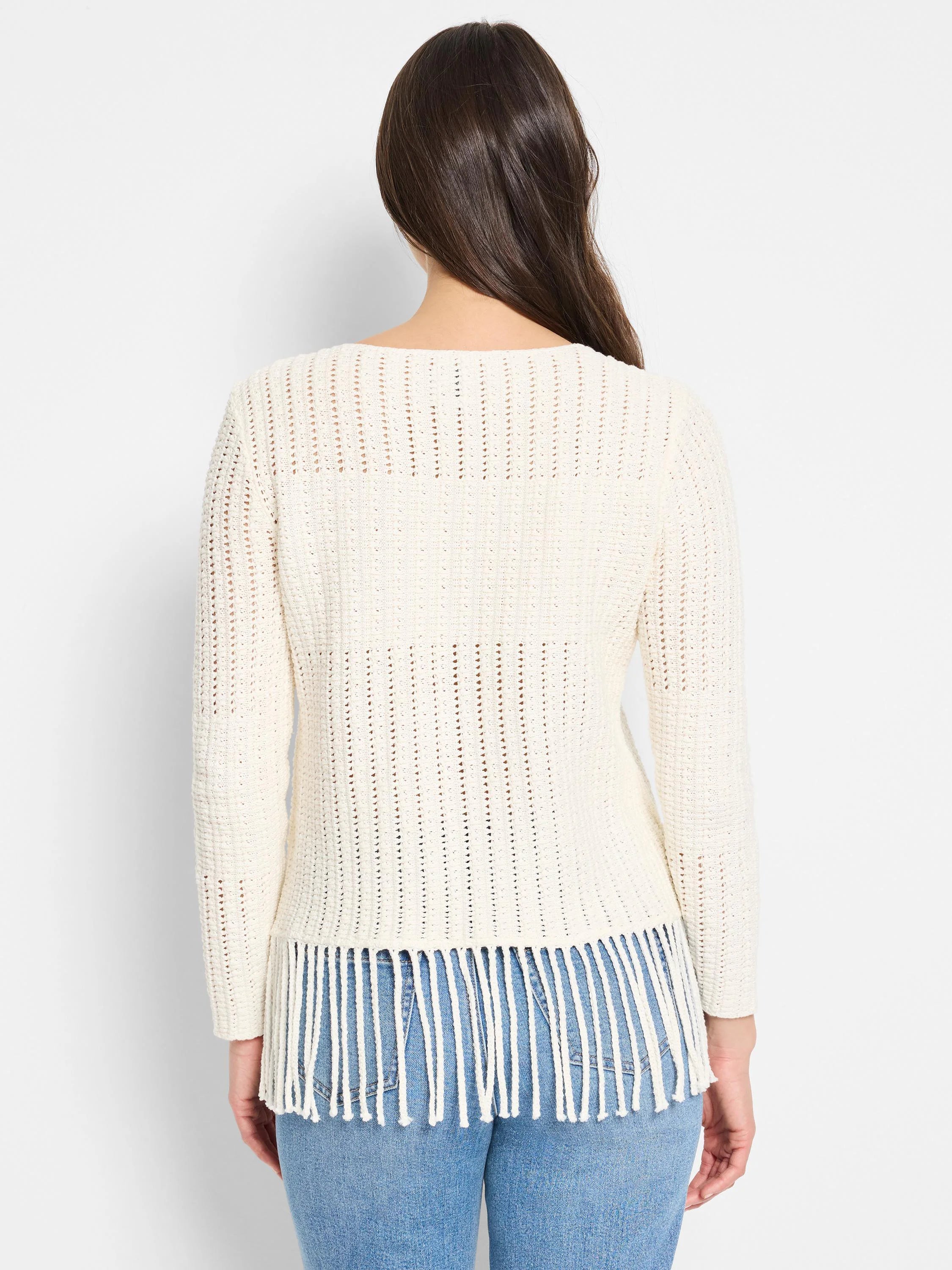 Off-white, open-knit long-sleeve sweater with fringe bottom.