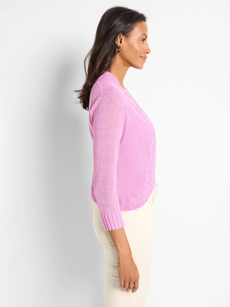 Pink bolero cardigan with 3/4 sleeves, sheer knit fabric, and ribbed cuffs and hem.
