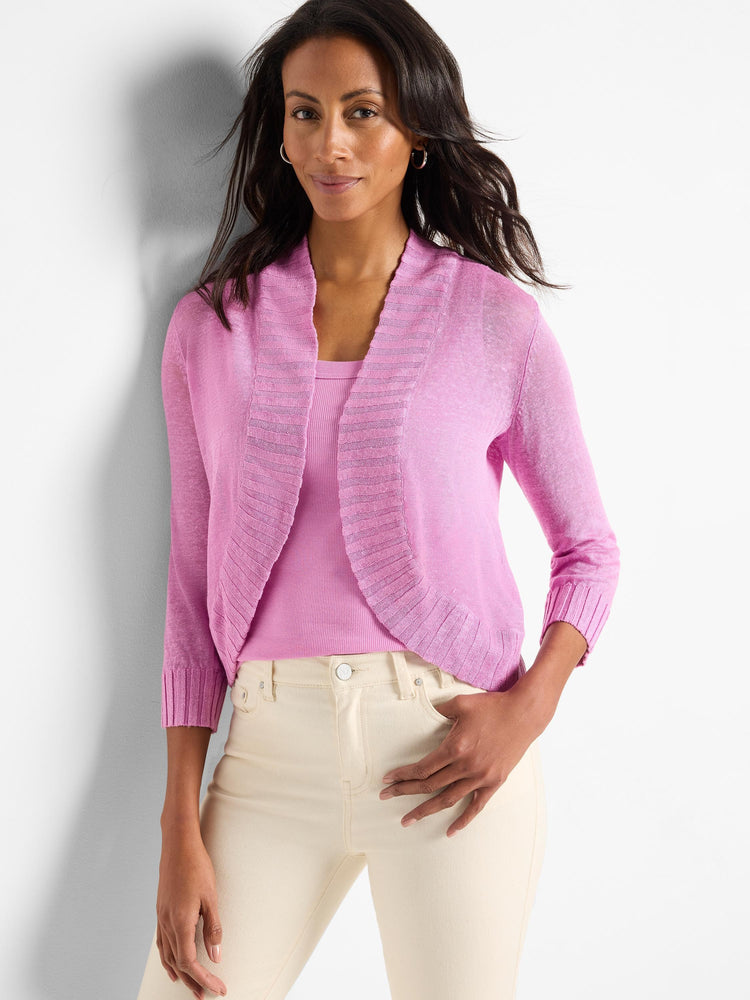 Pink bolero cardigan with 3/4 sleeves. Open front, lightweight knit, ribbed front band and cuffs.