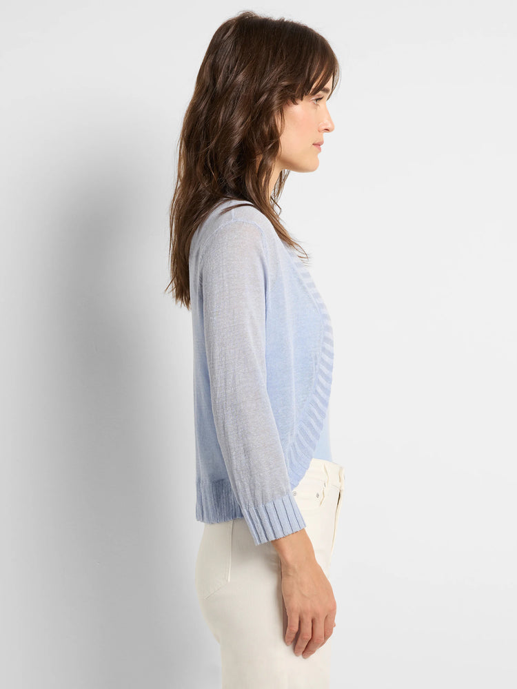 Light blue bolero cardigan with open front, long sleeves, and ribbed edges. Lightweight, sheer knit.