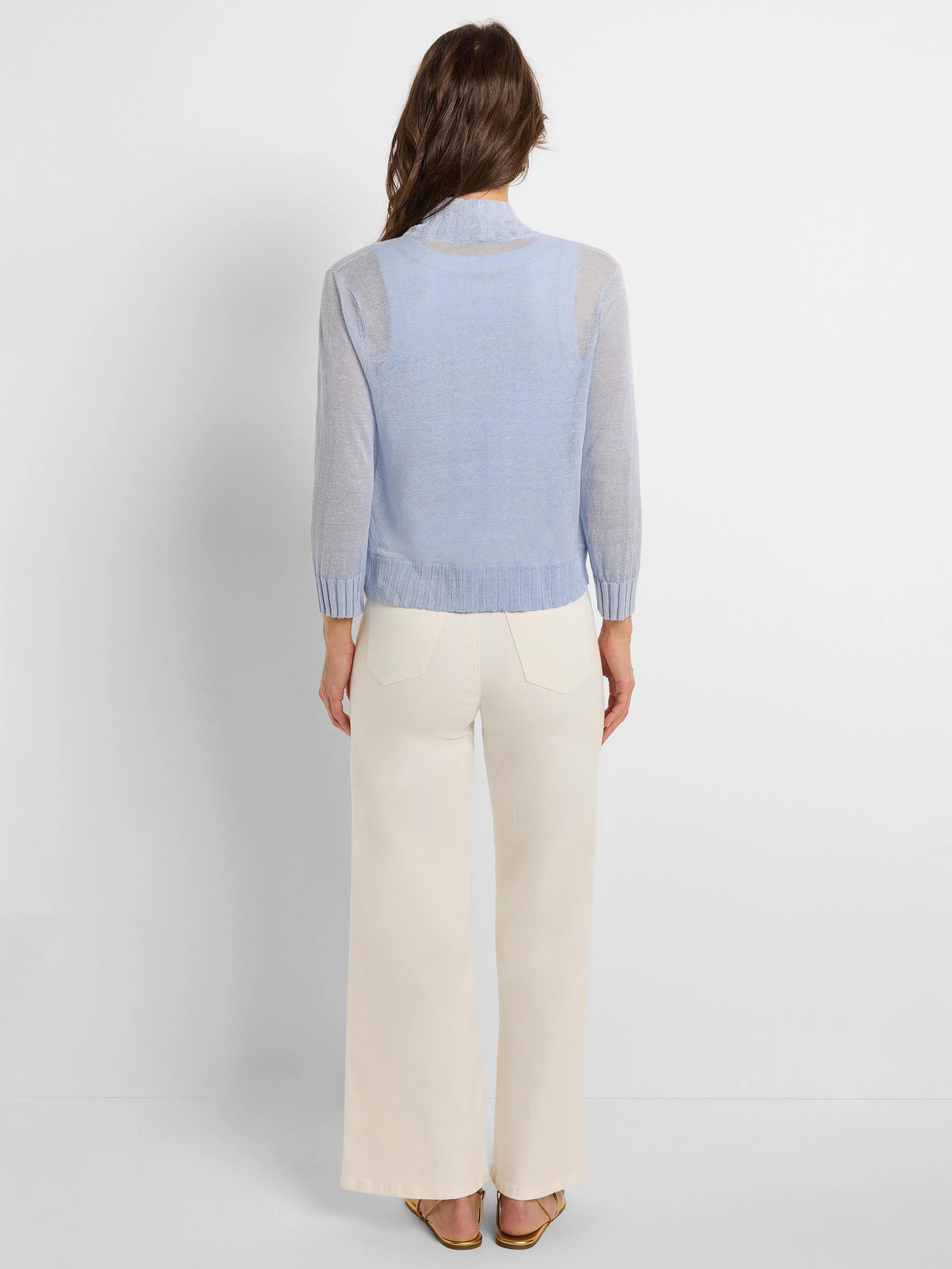 Light blue sheer knit bolero cardigan, long sleeves, cropped, ribbed cuffs & hem, back view.