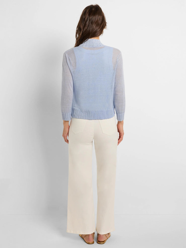 Light blue sheer knit bolero cardigan, long sleeves, cropped, ribbed cuffs & hem, back view.