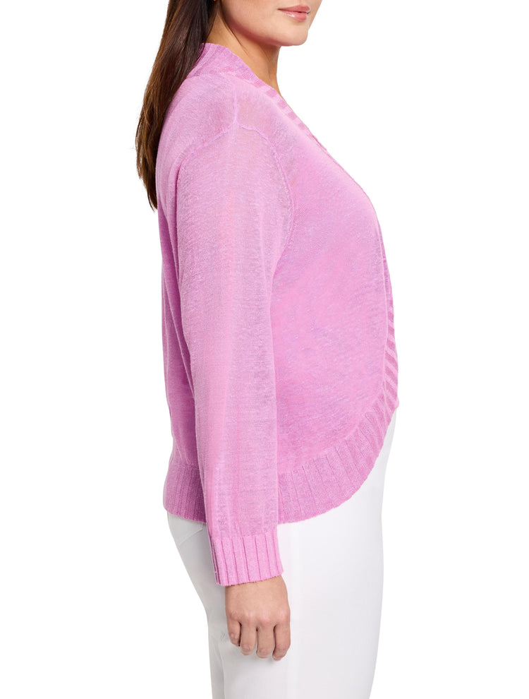 Vibrant pink bolero cardigan. Lightweight, slightly sheer knit with long sleeves, ribbed cuffs and a curved, open front hem.
