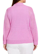 Light pink fine knit bolero cardigan, back view. Features ribbed mock neck, cuffs, and hem. Slightly sheer fabric.