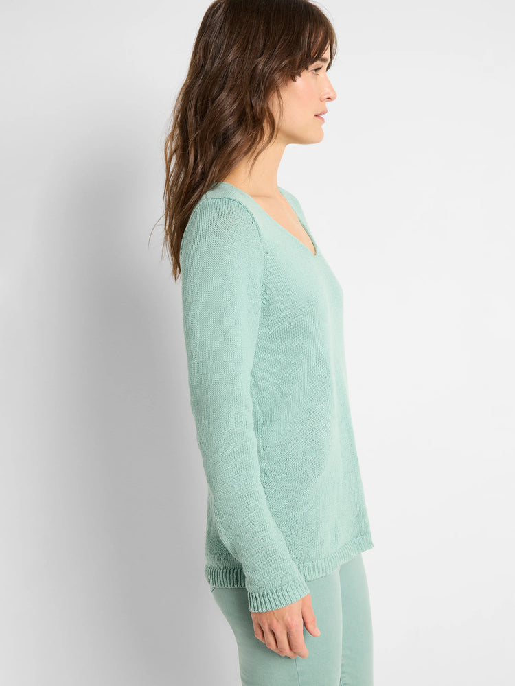 Mint green V-neck sweater with long sleeves, visible knit texture, and ribbed cuffs and hem.