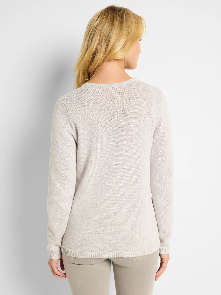 Light beige knit sweater, back view. Features a rounded neck, long sleeves, and ribbed cuffs and hem.
