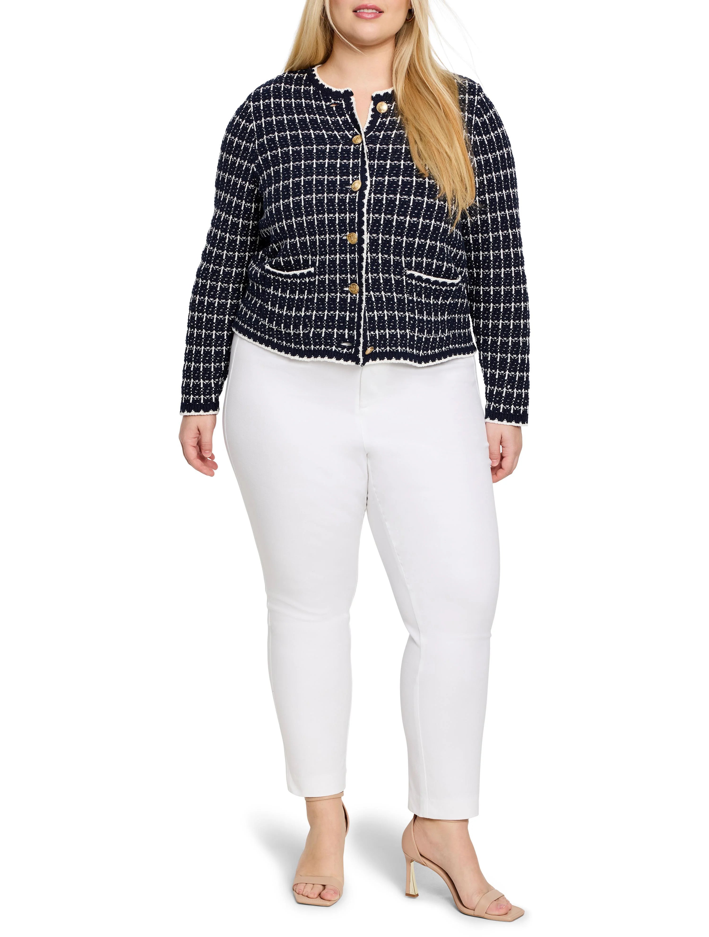 Navy & white grid knit sweater jacket with white contrast trim, gold buttons, and faux flap pockets.