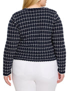 Navy & white knit sweater jacket, textured grid pattern. Scalloped white trim at neck, hem, cuffs. Back view.