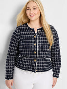 Navy & white tweed-like sweater jacket with gold buttons, white trim, and a collarless design.