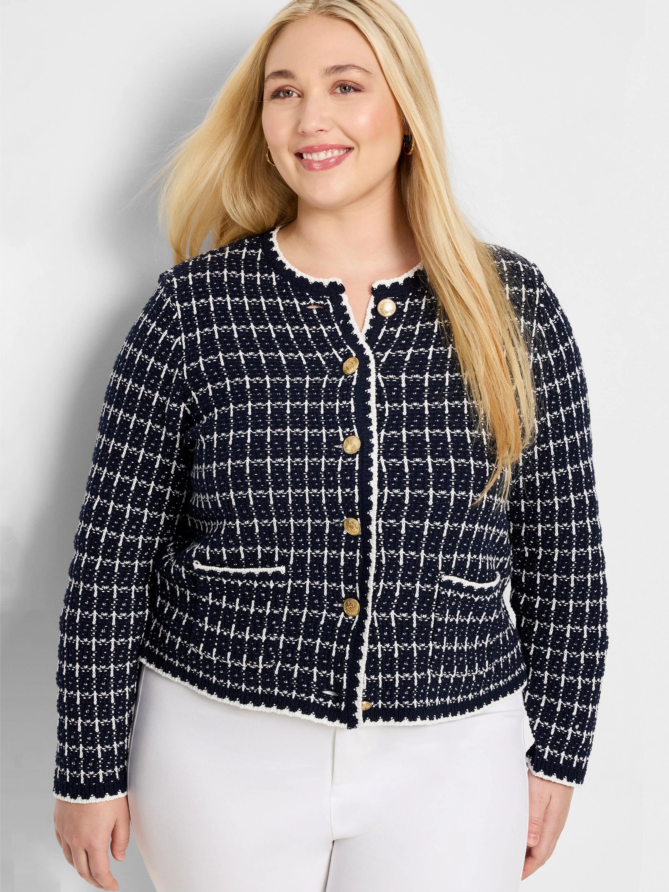 Navy & white tweed-like sweater jacket with gold buttons, white trim, and a collarless design.