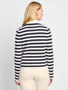 Cream and navy blue horizontally striped knit bomber jacket.  Long sleeves, mock neck.