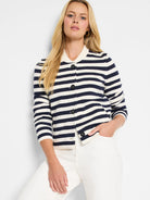 Navy blue and off-white striped knit bomber jacket, button front.