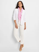 White weave mix knit zip jacket with dark front zipper and two front patch pockets.