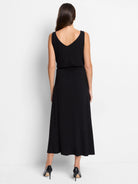 Black midi dress, sleeveless, V-neck, and fitted waist.  A-line skirt.