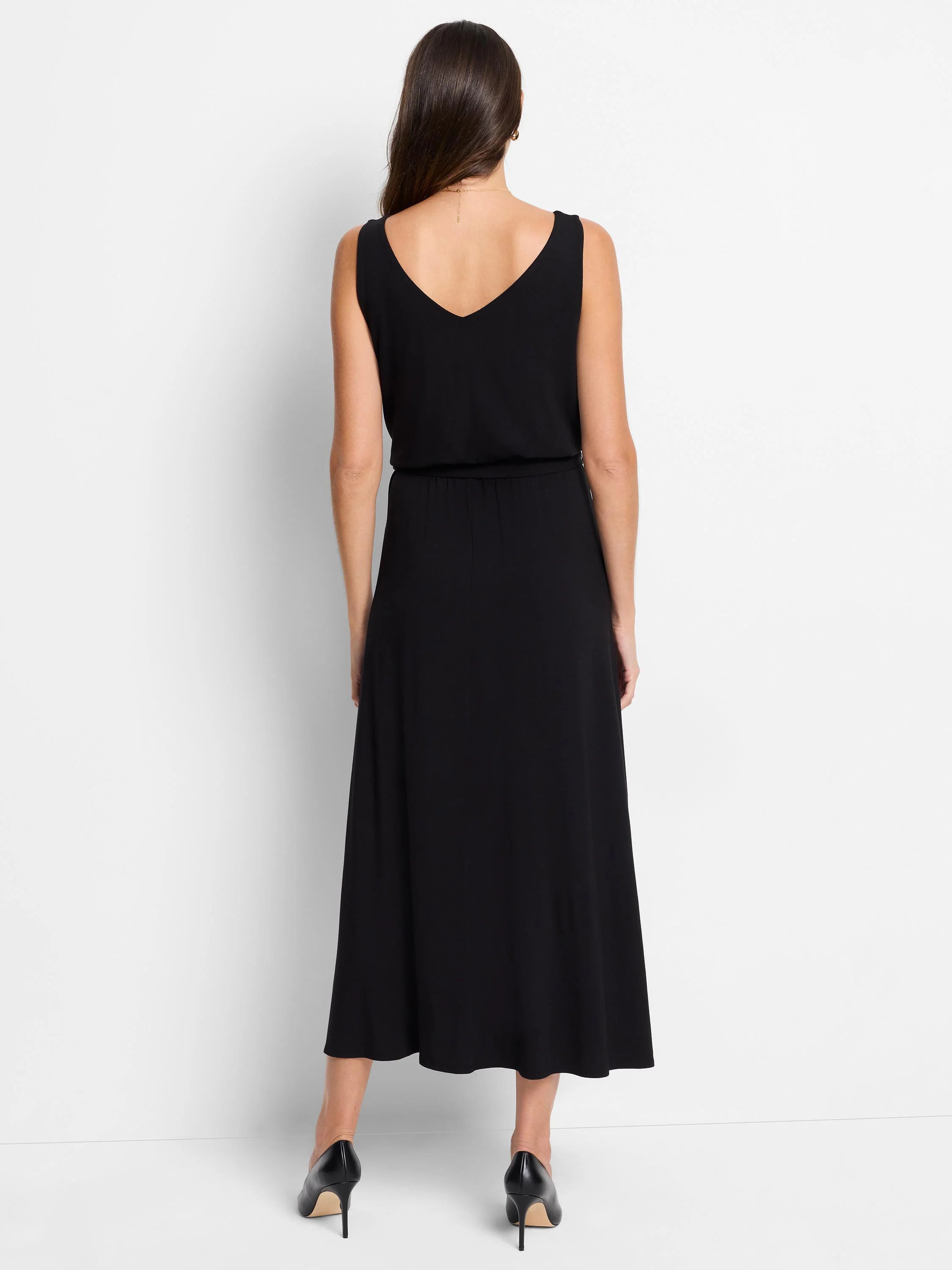 Black midi dress, sleeveless, V-neck, and fitted waist.  A-line skirt.