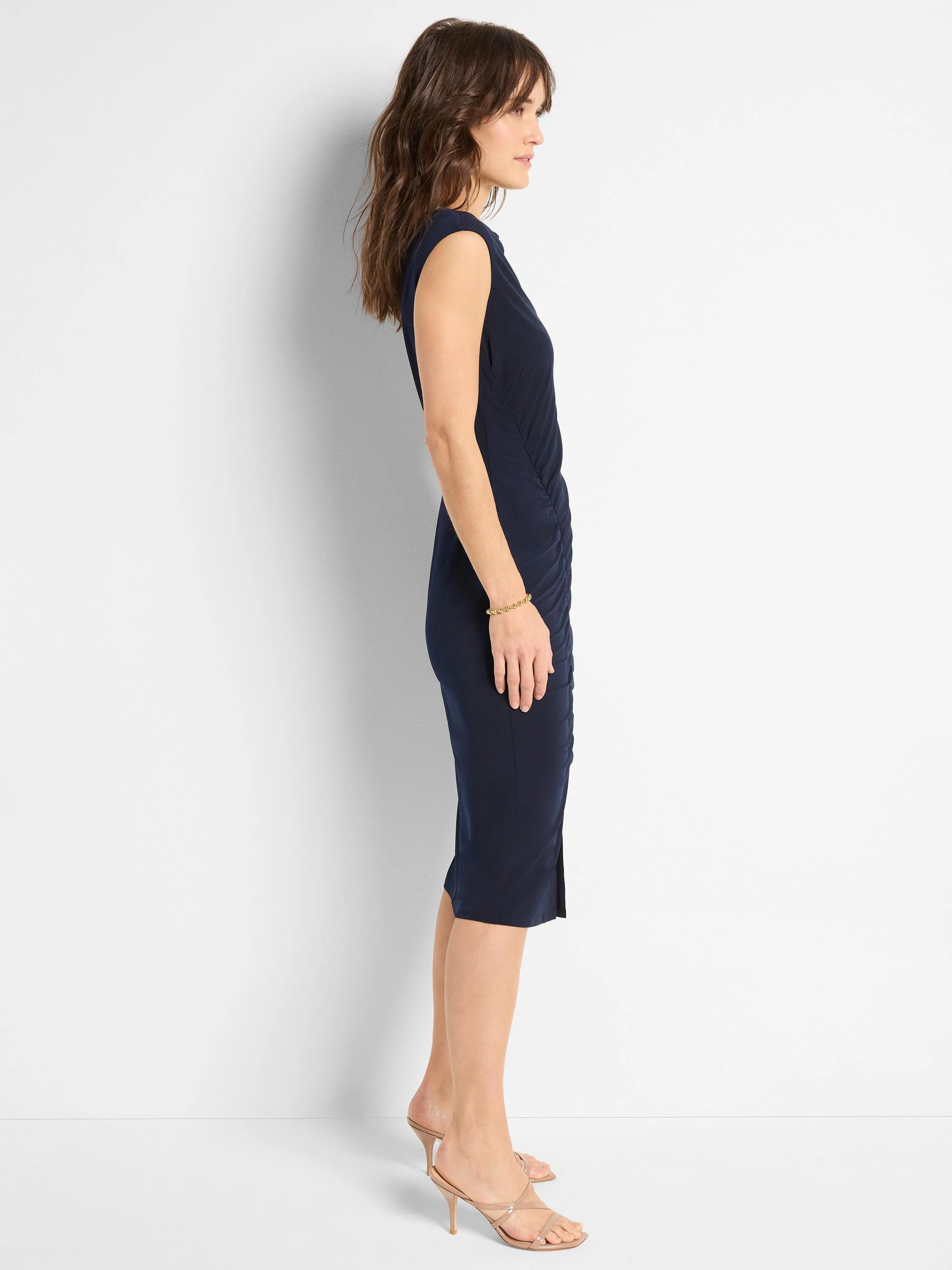 Navy blue midi dress, sleeveless, side ruching detail.