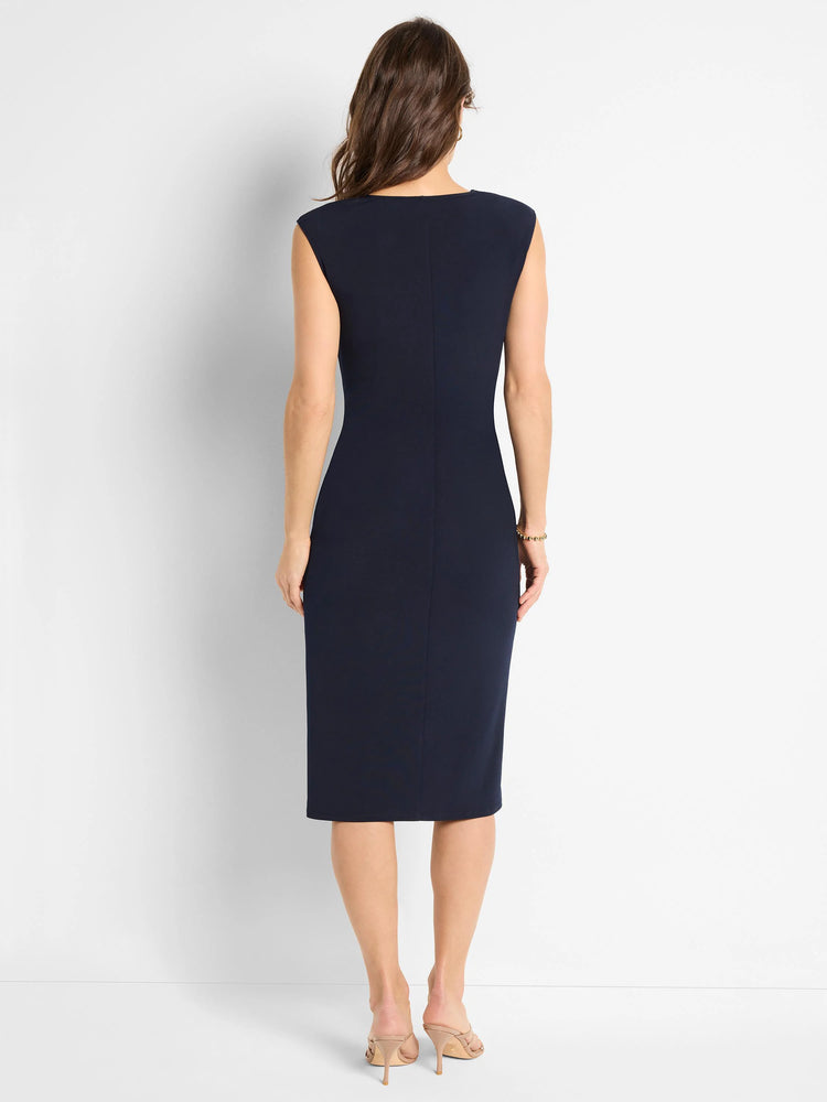 Dark navy midi dress, sleeveless, ruched sides, back view.