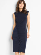 Navy blue, sleeveless midi dress with side ruching and a slight back slit.