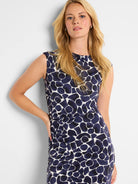Sleeveless midi dress, navy and off-white abstract print.  Side ruching detail.