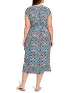 Blue, brown, and white patterned midi dress.  Short sleeves, belted waist, side slits.  Rear view.