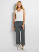 Dark gray wide-leg jeans with thin white vertical stripes, cropped length.