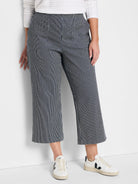 Dark blue & white vertically striped wide-leg jeans, cropped length.