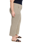 Beige wide-leg jeans with thin dark vertical stripes. Cropped length, includes a side pocket.