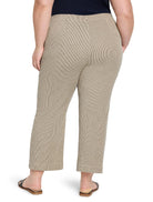 Tan wide-leg jeans with thin dark vertical stripes, shown from behind. Ankle length.