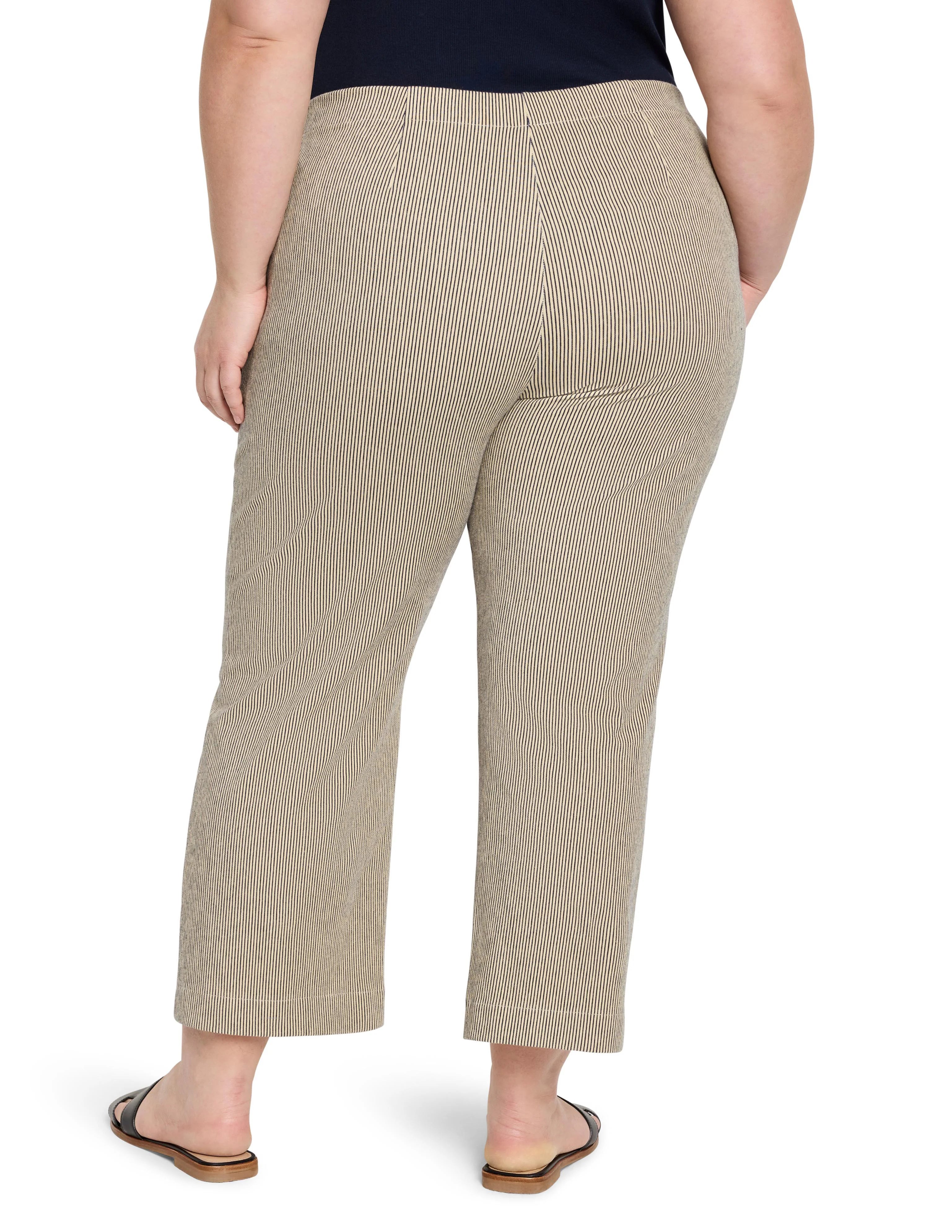 Tan wide-leg jeans with thin dark vertical stripes, shown from behind. Ankle length.