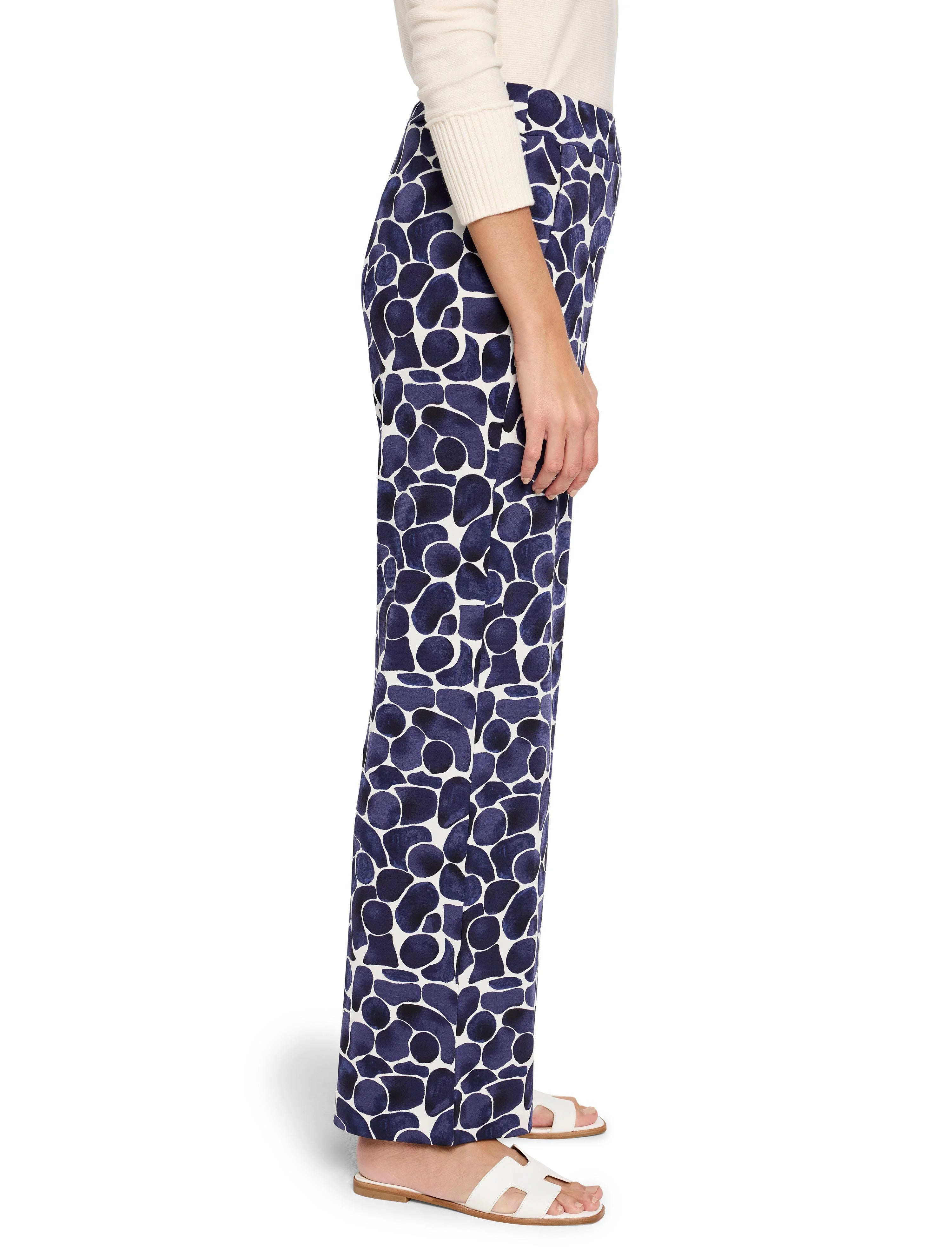 Wide-leg pants, navy blue and white pebble print.