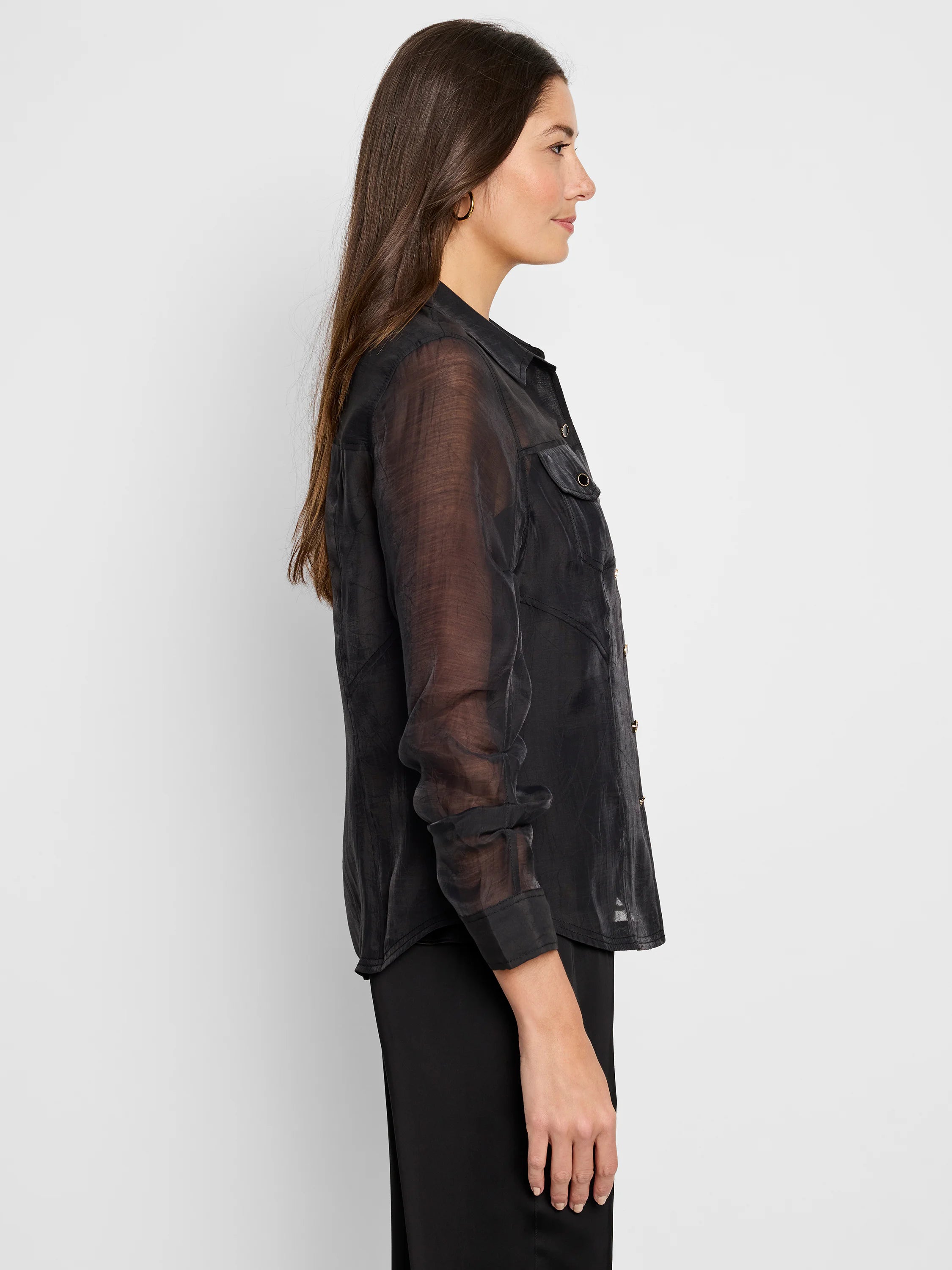 Black sheer button-up jacket, long sleeves, two pockets. Gold buttons.