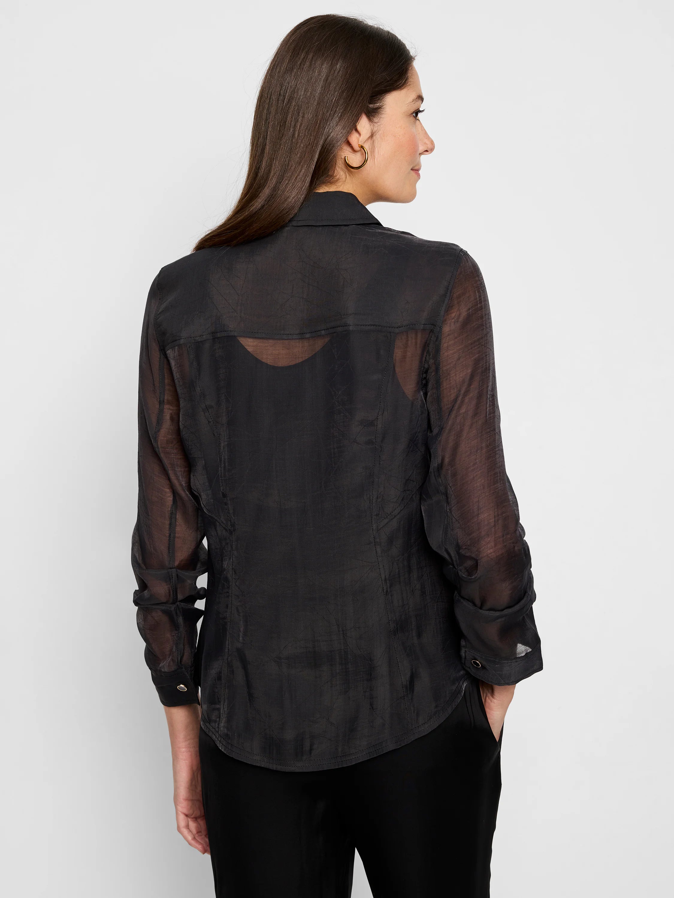 Black, semi-sheer, long-sleeve button-up jacket.  Slightly wrinkled texture.  Back view shown.
