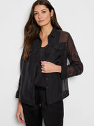 Black sheer button-up jacket with front pockets and gold buttons.  Long sleeves.