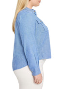 Light blue, long-sleeve shirt jacket; collared, button front, chest pocket.