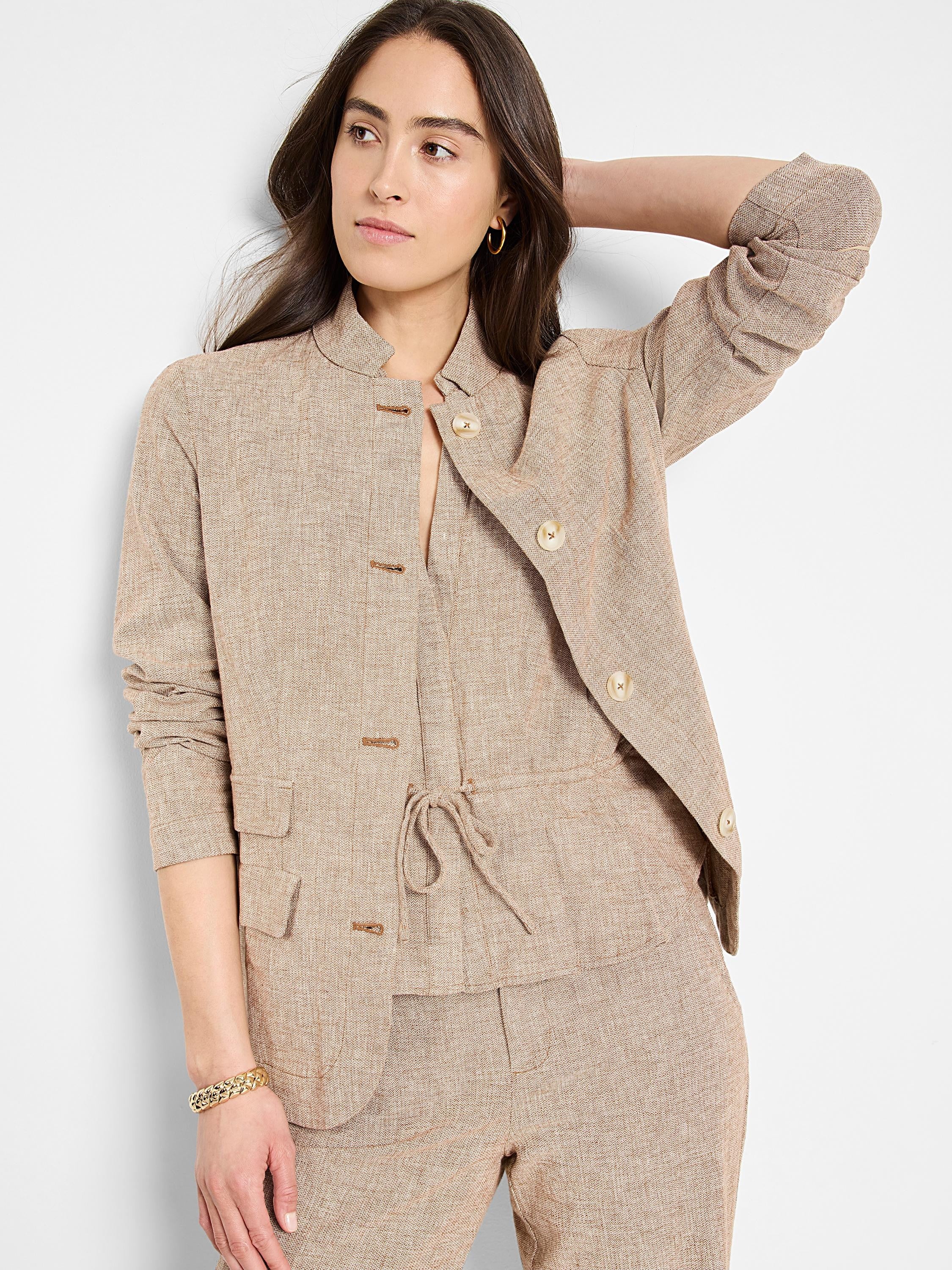 Beige linen-cotton blazer with gold buttons, mandarin collar, and drawstring waist.  Long sleeves.