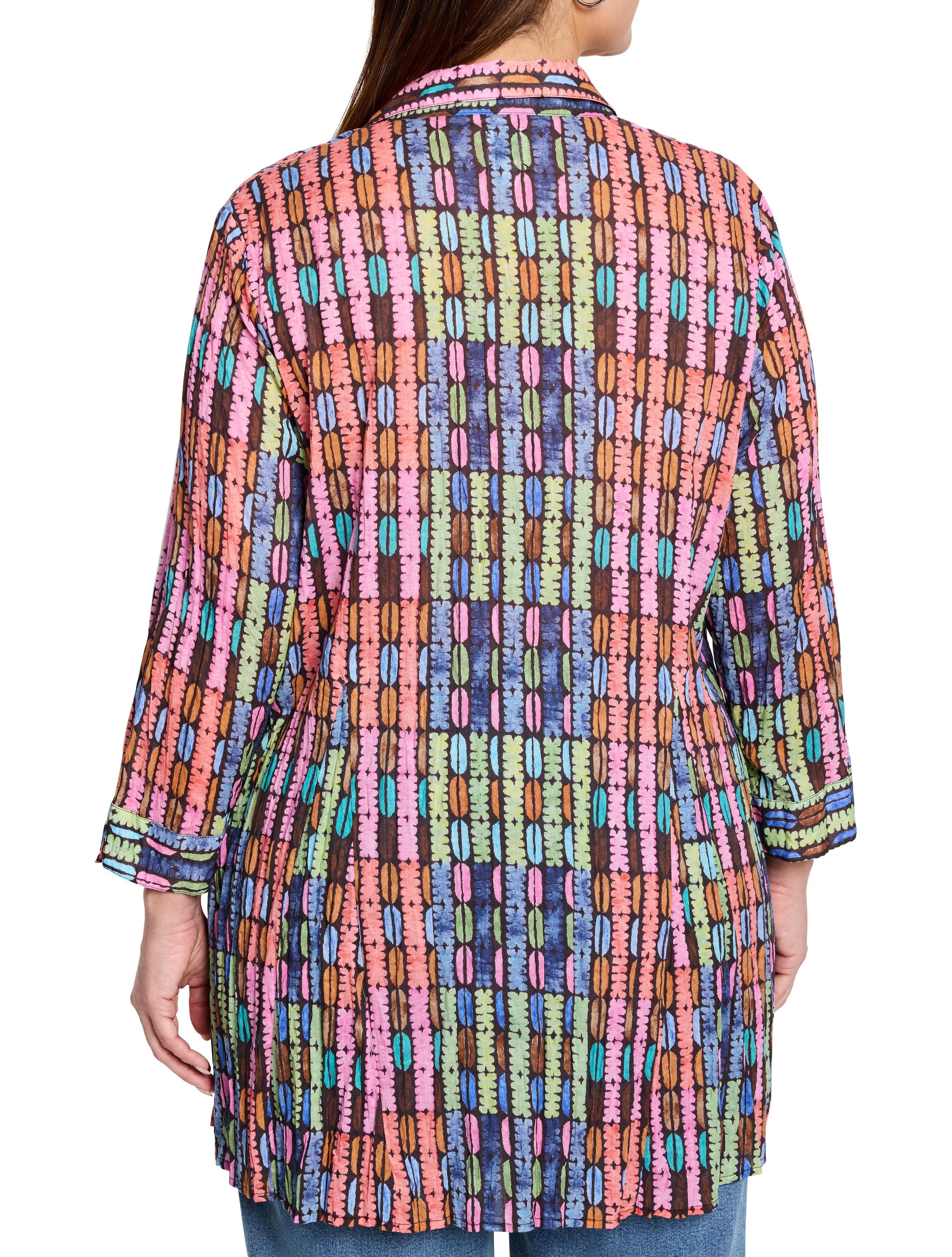 Long-sleeve collared shirt with vertical stripes of pink, orange, brown, teal, and blue abstract shapes on a dark...